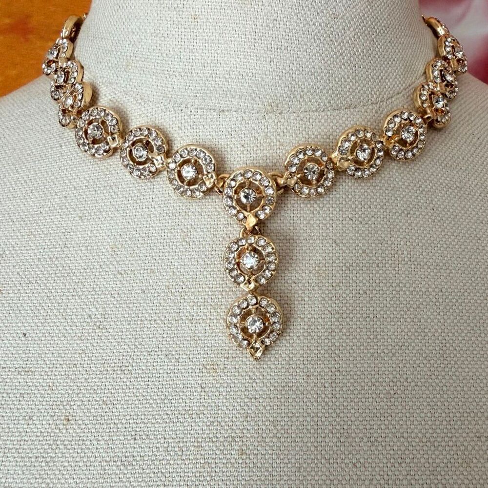 Gold Tone Clear Rhinestone Y Drop Statement Necklace